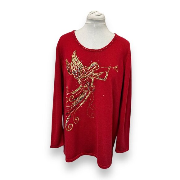 Quacker Factory 2X Red Long Sleeve Holiday Angel Embellished Sweater 60% Cotton - Picture 1 of 8